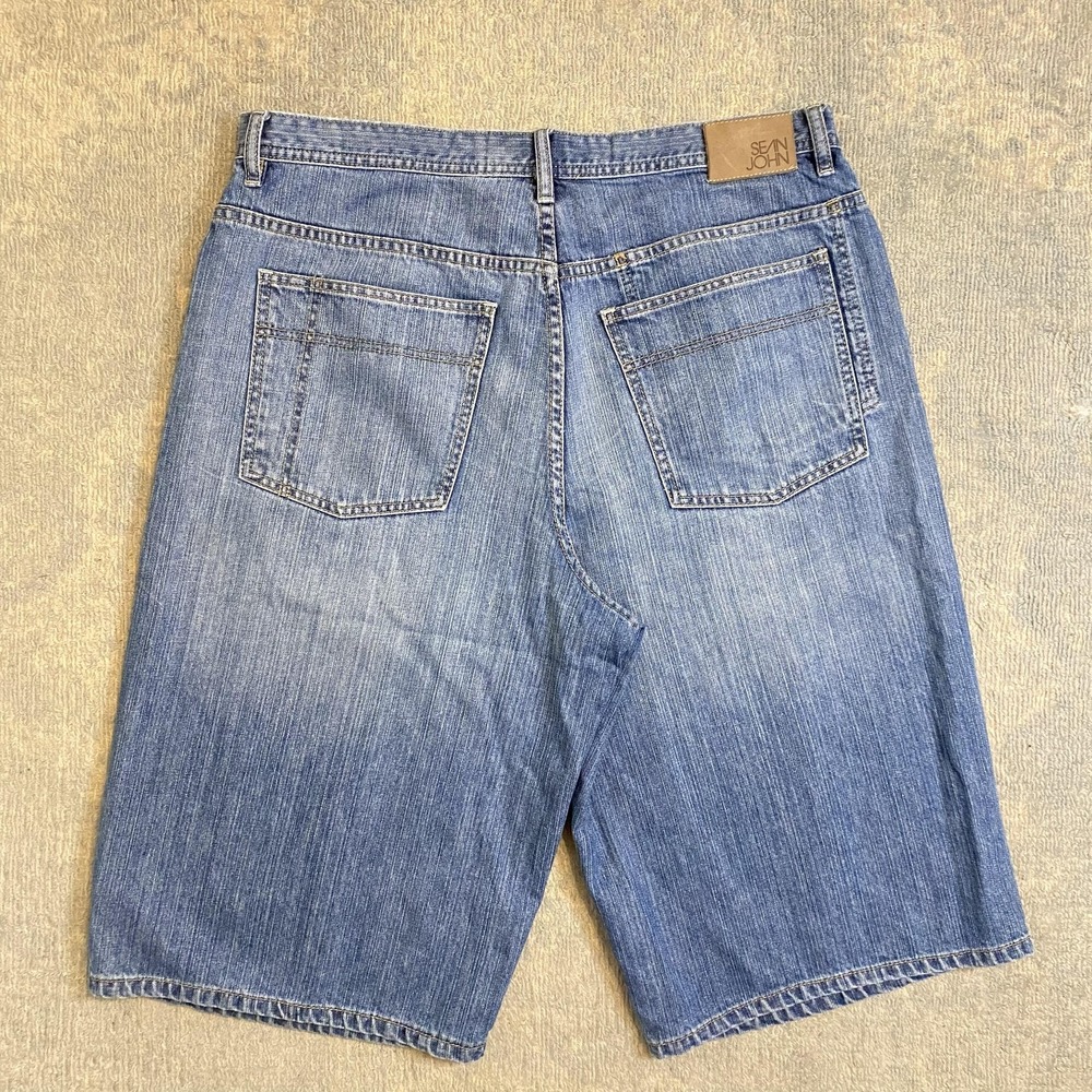 Sean John Denim Shorts Mens 36 Blue Relaxed Fit Bermuda Embroidered Logo